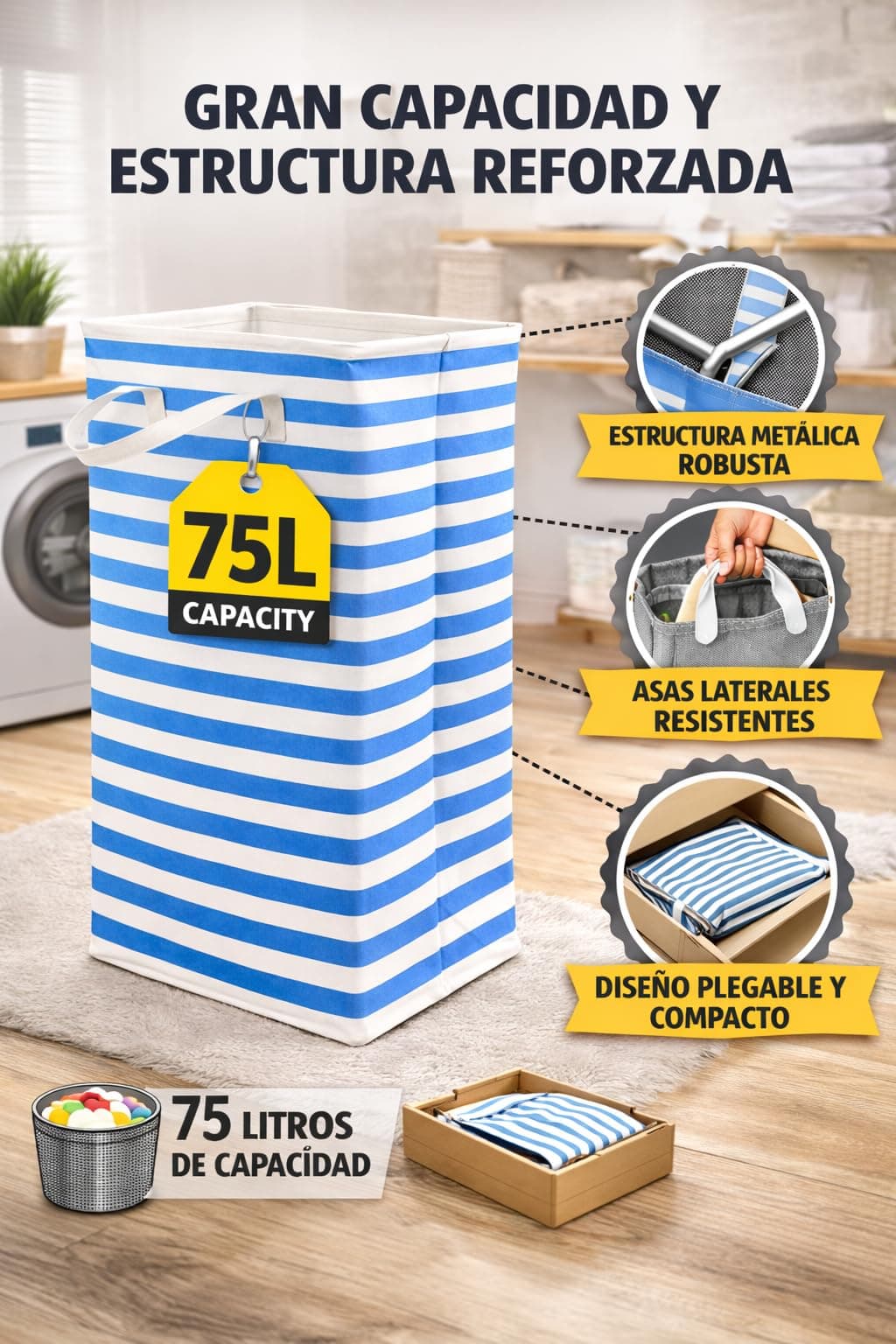 Cesto Ropa Sucia 75L Plegable, Cesta Ropa Sucia Grande con Estructura Metálica y Asas Laterales, 60x30x40 cm, para Baño y Dormitorio — view 4