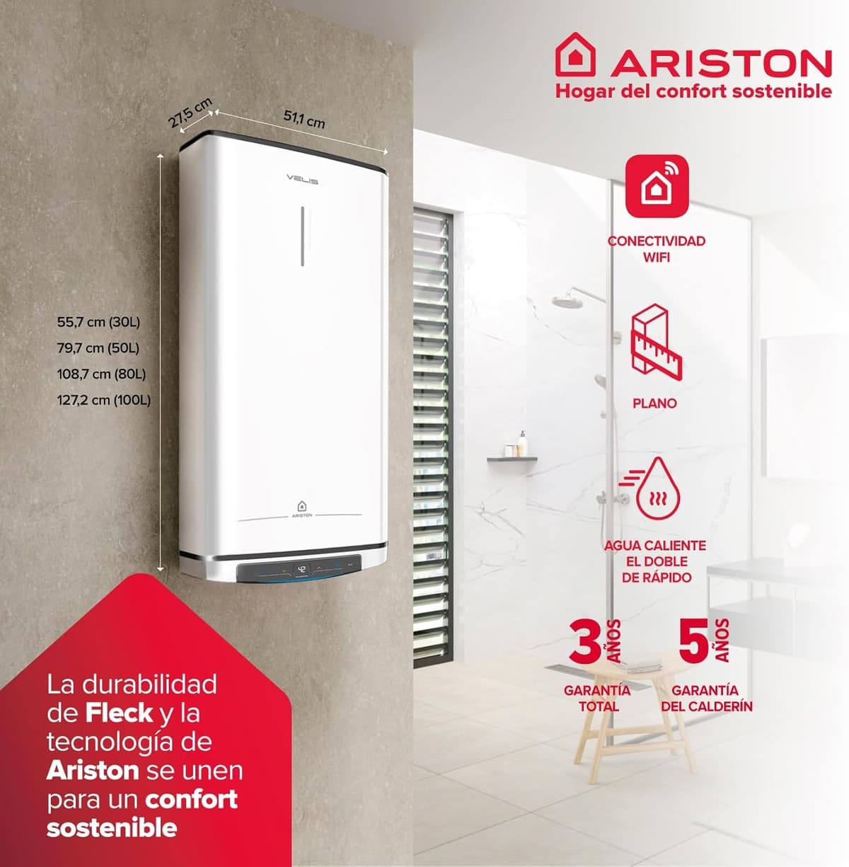 Ariston Velis Pro Wifi (ex.DUO 5 Fleck)- Termo Eléctrico 50 Litros Bajo Consumo Multiposición, Calentador de Agua 79,7x27,5x51,1 para Instalación España, Eficiencia B Rango(A+/F), Compatible con Alexa — view 2