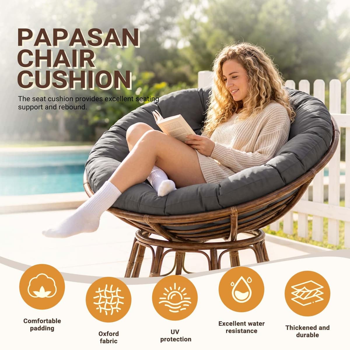 Papasan Chair Cushion Outdoor: Waterproof Egg Nest Replacement Breathable Hammocks Swing Seat Pad Round Soft Supportive Pillow for Indoor Garden (Dark gray, 80cm) — view 5