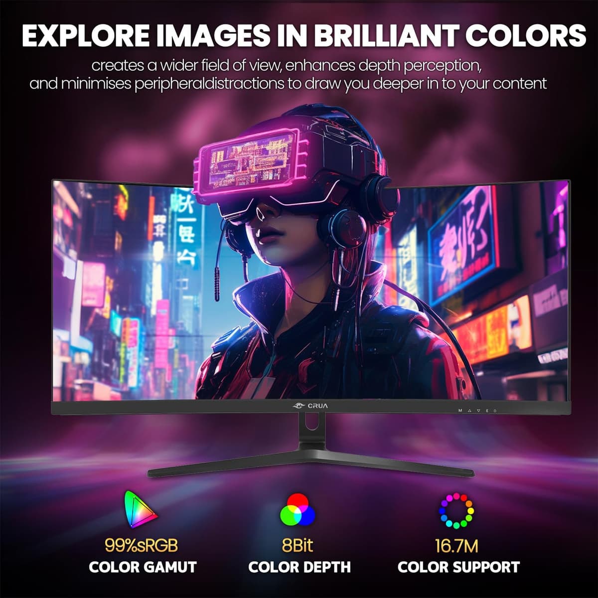 CRUA 30 Inch Curved Gaming Monitor, Ultra-Wide WFHD 2560×1080, 200Hz/144Hz, 0.5ms, 1500R VA Panel, 120% sRGB, AMD FreeSync, HDMI & DP, Wall Mountable, Eye Care, PC Monitor for Gaming & Office - Black — view 5