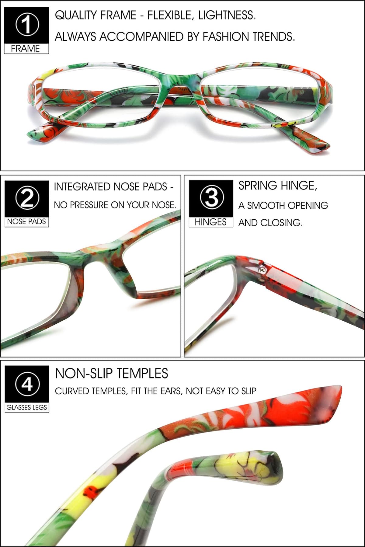 VEVESMUNDO Gafas de Lectura Mujer Hombre Compactas Portatiles Flores Anteojos Para Leer con Colores Bolsillo 1.0 1.25 1.5 1.75 2.0 2.25 2.5 2.75 3.0 3.5 4.0 — view 4
