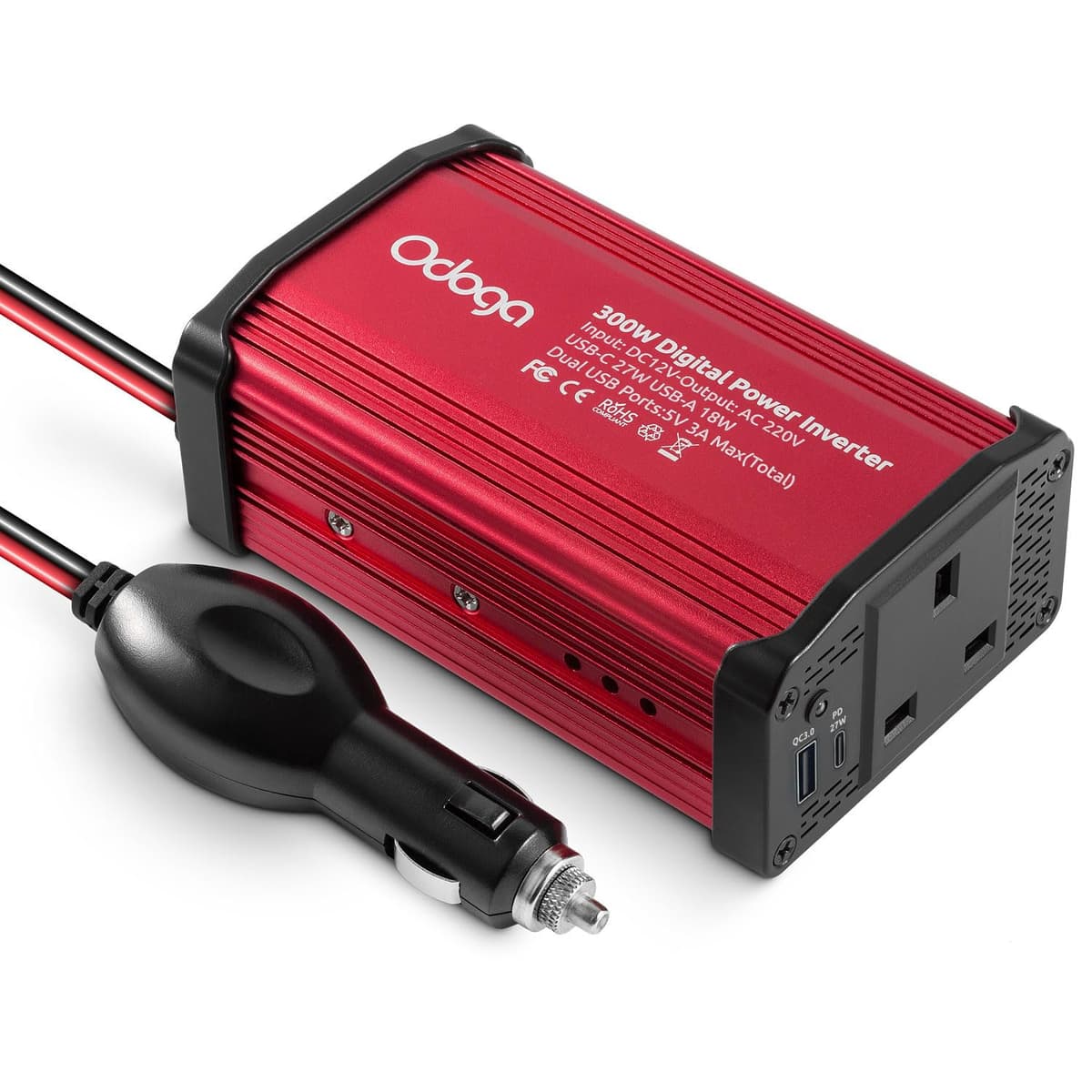 Odoga 300W Car Power Inverter 12V to 240V / 230V Converter, USB-A and USB-C 3A Charging Ports - Charge Your Laptop, iPad, iPhone, Tablet, Consoles & More - Durable and Powerful - Red Aluminum Body — view 3
