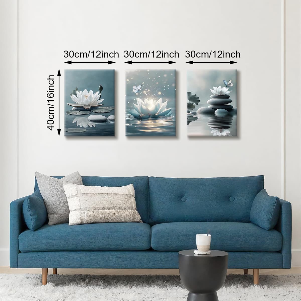 3Pcs Blue Grey Zen Canvas Wall Art, White Lotus Flowers Butterfly Meditation Spiritual Wall Paintings White Lotus Blooming on Stones in Lake Wall Pictures Room Decor for Yoga Spa Room Decor 30x40cmx3 — view 2