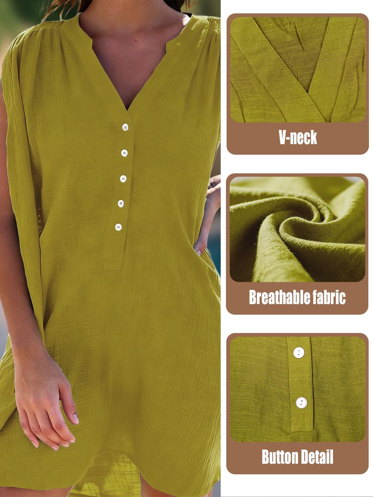JFAN Camisolas Playa Mujer Verano Vestido de Playa Cuello V Camisa Sin Mangas Suelta de Bikini Cover Up Beachwear — view 5