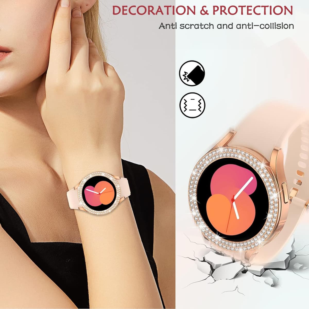 DEALELE [2-PACK] Case Compatible with Samsung Galaxy Watch FE / 5/4 40mm, Bling Double-row Diamond PC Protective Case Protector Cover, 40mm, Rose gold + Transparent — view 3