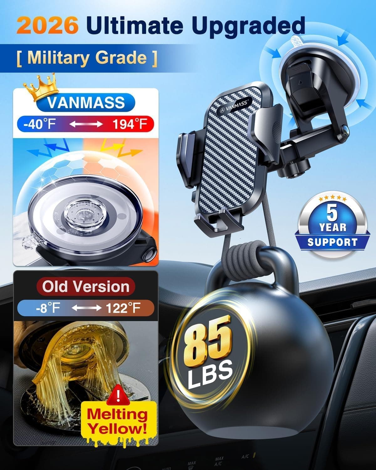 VANMASS 2026 BEST Car Phone Holder [Strongest & Stablest & Durablest]Military-Grade Suction Mobile Mount for Dashboard Windscreen Vent,Van Stand Cradle for iPhone 17 Pro Max 16 15 14 13 12 Samsung S26 — view 3