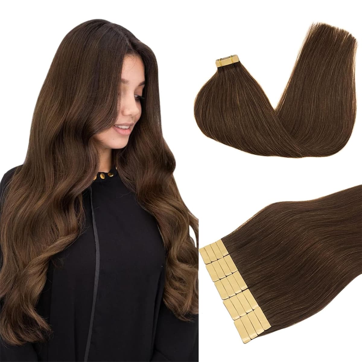 DOORES Tape in Hair Extensions Human Hair, Balayage Dark Brown to Chestnut Brown 50g 20pcs 18 Inch, Human Hair Extensions Natural Remy Straight Skin Weft — view 13