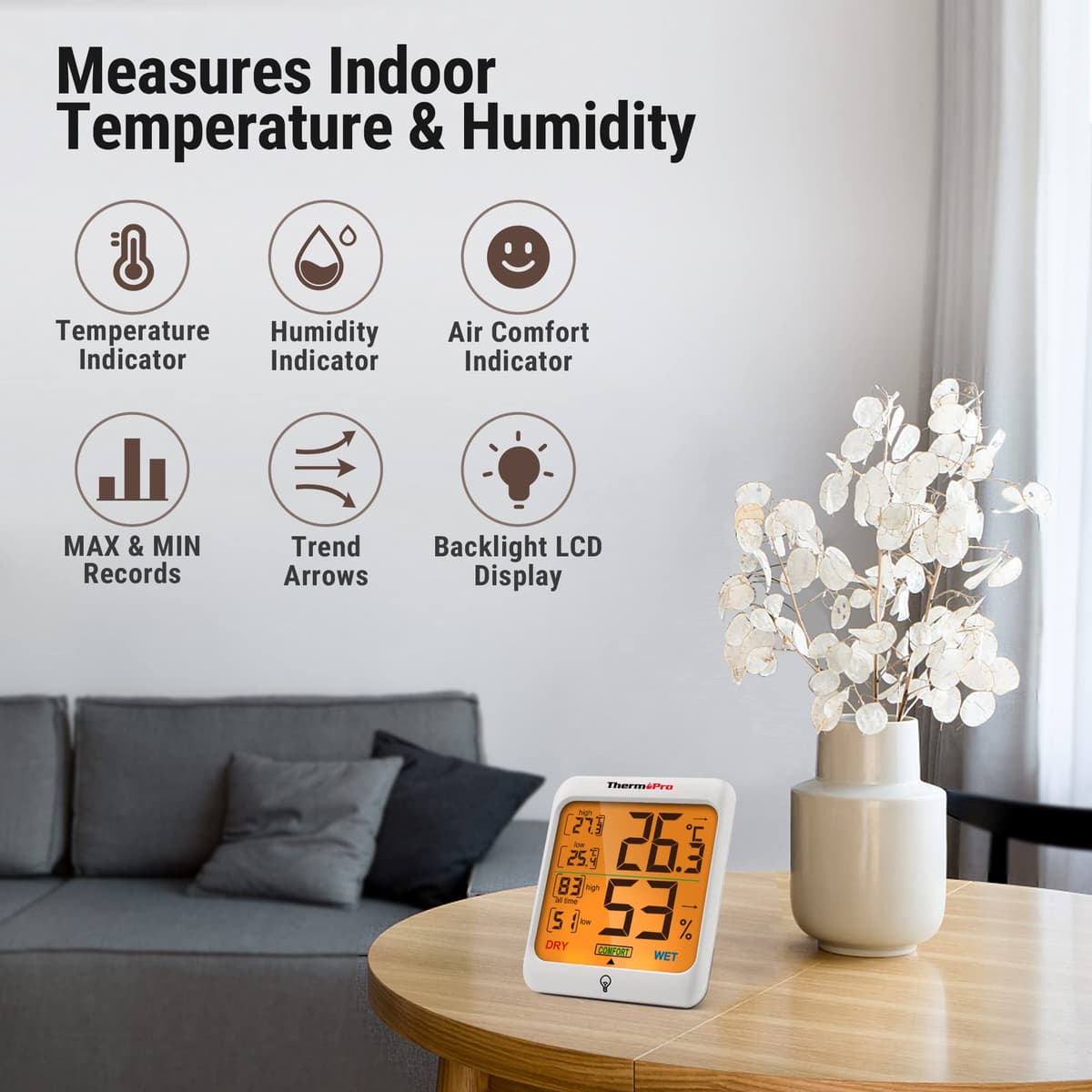 ThermoPro TP53 Termómetro Higrómetro Digital Medidor de Humedad y Temperatura de Interior Termohigrómetro Profesional para Habitación Ambiente con Retroiluminación Táctil — view 2