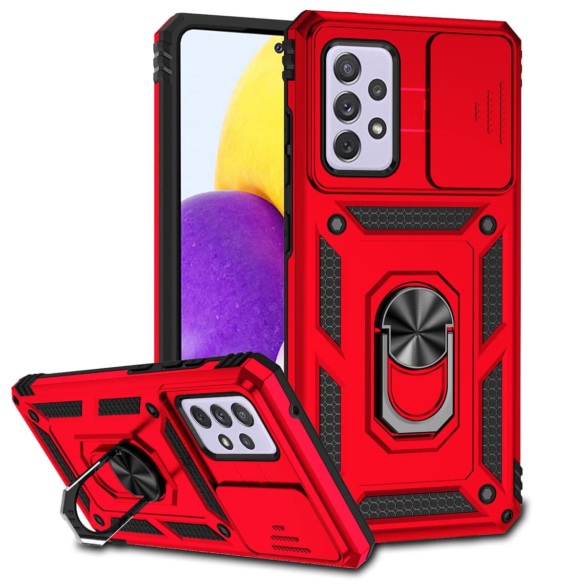 Funda para Samsung Galaxy A52 5G/4G/A52S 5G Carcasă Armor Militar Cubierta de Cámara Deslizante Proteger Fundas con 360 Full Protección Anillo Soporte Silicona Estuche Cover Case,Rojo