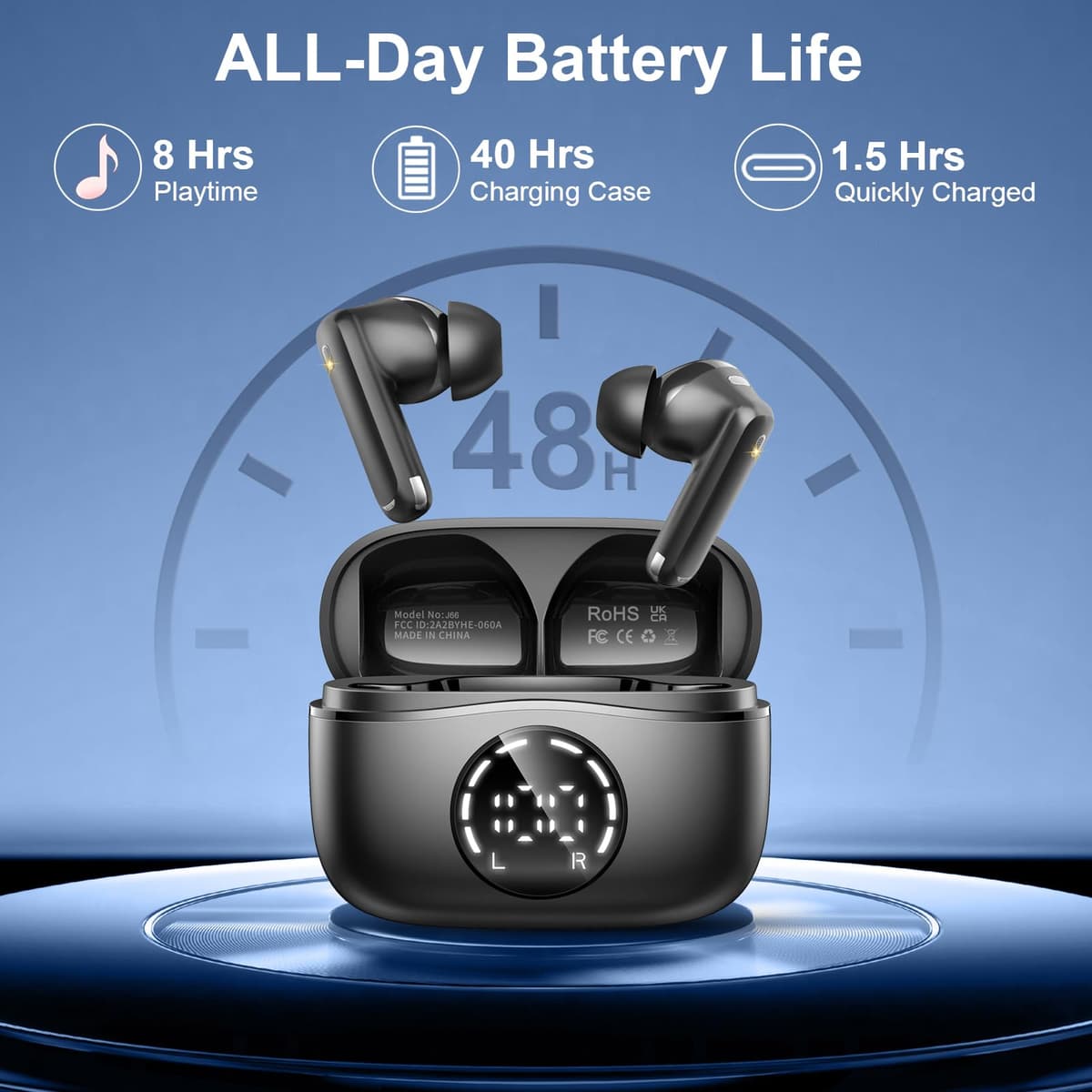 Auriculares Inalambricos Bluetooth, 2026 Cascos Inalambricos Bluetooth 5.4 HiFi Estéreo, 48 Horas Auriculares inalámbricos con ENC Cancelacion Ruido, Pantalla LED/IP7 Impermeable/Carga Rápida Tipo-C — view 3