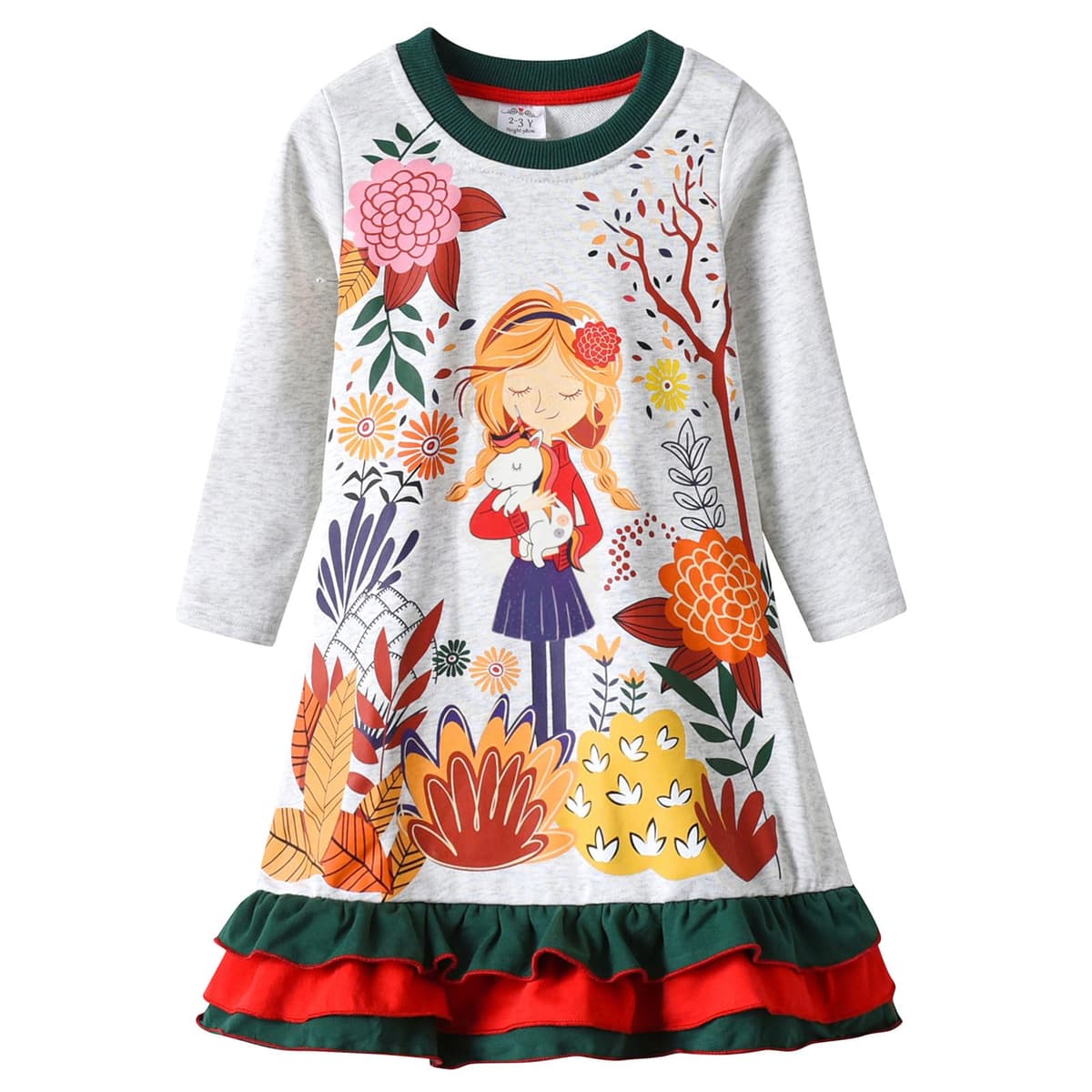 VIKITA Niñas Vestidos Algodón Animal Bordado Manga Larga Vestido para Niños