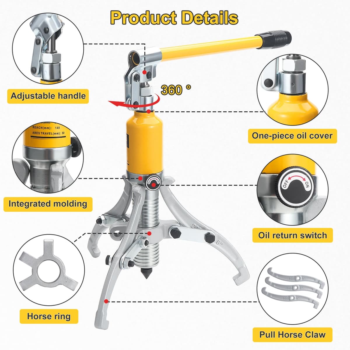HSEAMALL 5T Hydraulic Puller, Wheel Hub Puller, 3 Jaw Hydraulic Puller, Inner Bearing Puller for Bearings, Wheel Bearing Puller, Wheel Bearing Puller, — view 4