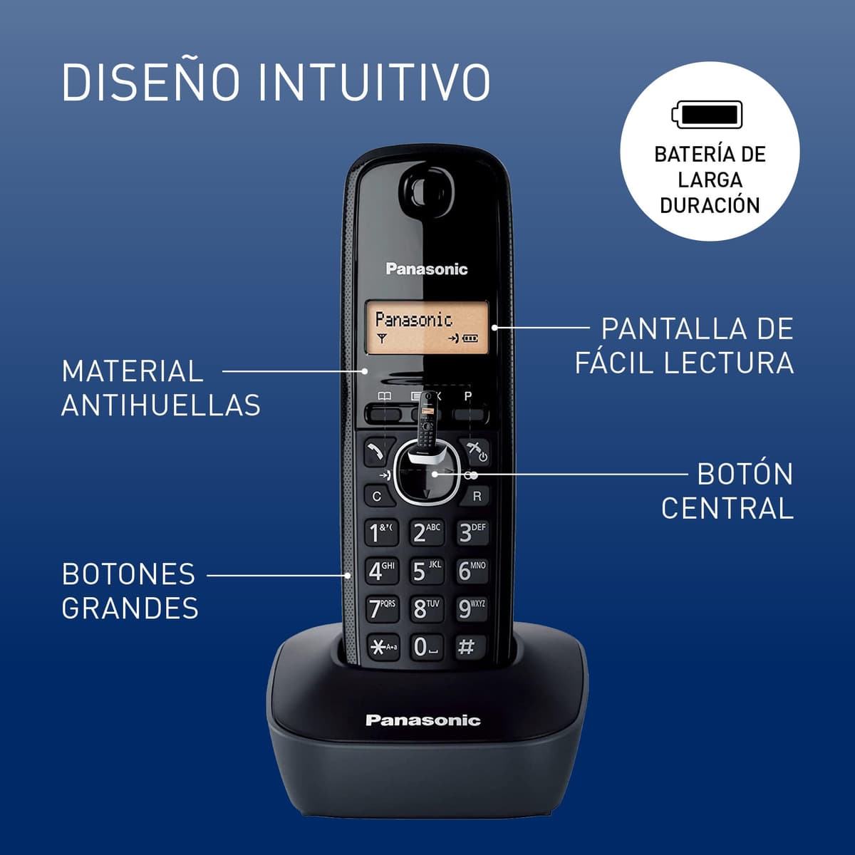 Panasonic KX-TG1611SPH - Teléfono Fijo Inalámbrico DECT, LCD, Identificador de Llamadas, Agenda de 50 Números, Tecla de Navegación, Alarma, Reloj, color Negro — view 2