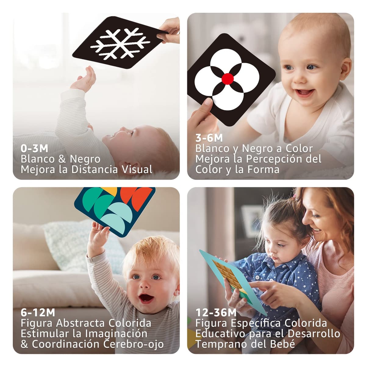 hahaland Flashcards Tarjetas Juguetes Bebes 0 3 6 12 Meses, 80 Piezas Tarjetas Bebe en Blanco y Negro y de Colorida, Tarjetas Estimulacion Visual de Alto Contraste para Bebes 0-36 Meses — view 4