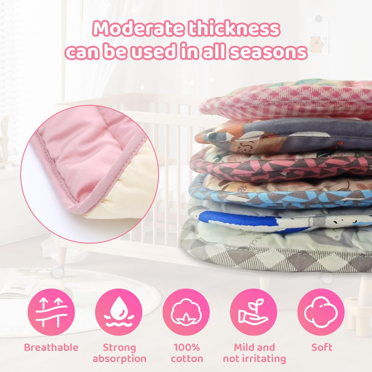 LAT Universal Pram Liner, Baby Pushchair Seat Liners, Cotton Double-Sided Use Baby Stroller Cushion Pad, Stroller Seat Pad for Toddler Infant 78x34cm (Beige+Pink) — view 7