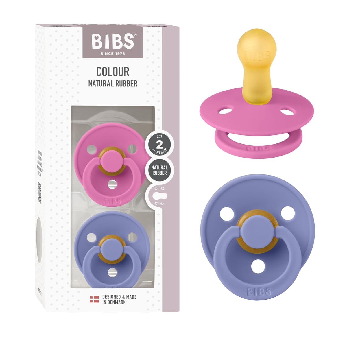 BIBS Colour Soother 2-Pack, BPA Free Dummy Pacifier, Round Nipple. Natural Rubber Latex, Size 2 (6-18 Months), Sky Blue/Steel Blue — view 126