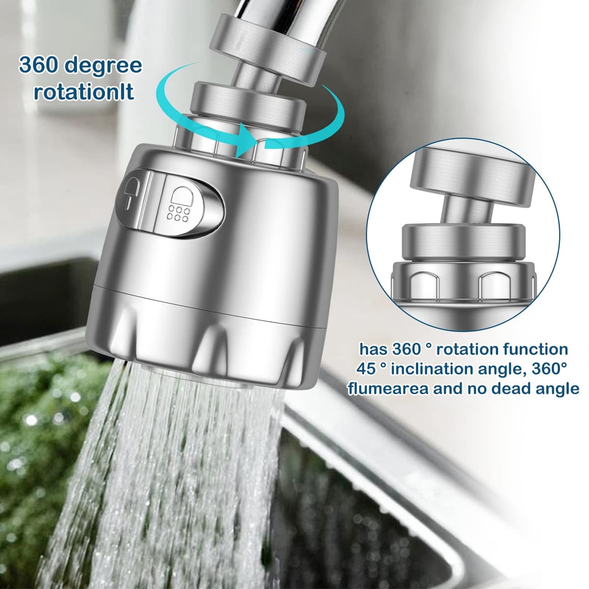 Vinabo Aireador para grifo, 360 °, giratorio, fregadero, de ahorro hídrico, con filtro regulador de cabezal y boquilla para cocina baño, 2 modos, Plata — view 7