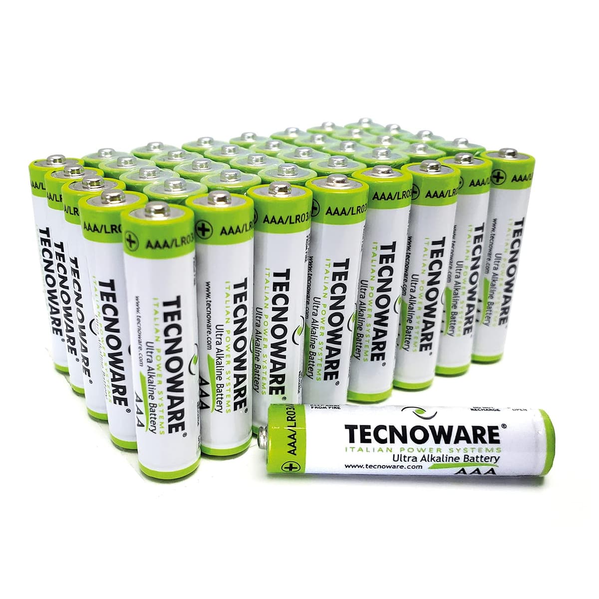 Tecnoware Power Systems - Pilas Alcalinas AAA, paquete de 40, 1,5V, Energía Duradera para Juguetes y Mandos, Protección Antifugas, Ecológicas con Embalaje Reciclable, AAA