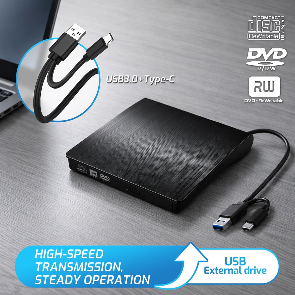 External CD DVD Drive for Laptop, Slim Portable Player CD DVD RW Writer Reader Burner, USB 3.0 and Type-C Optical, Compatible with Laptop Desktop PC Windows XP/7/8/10/11 Mac — view 2