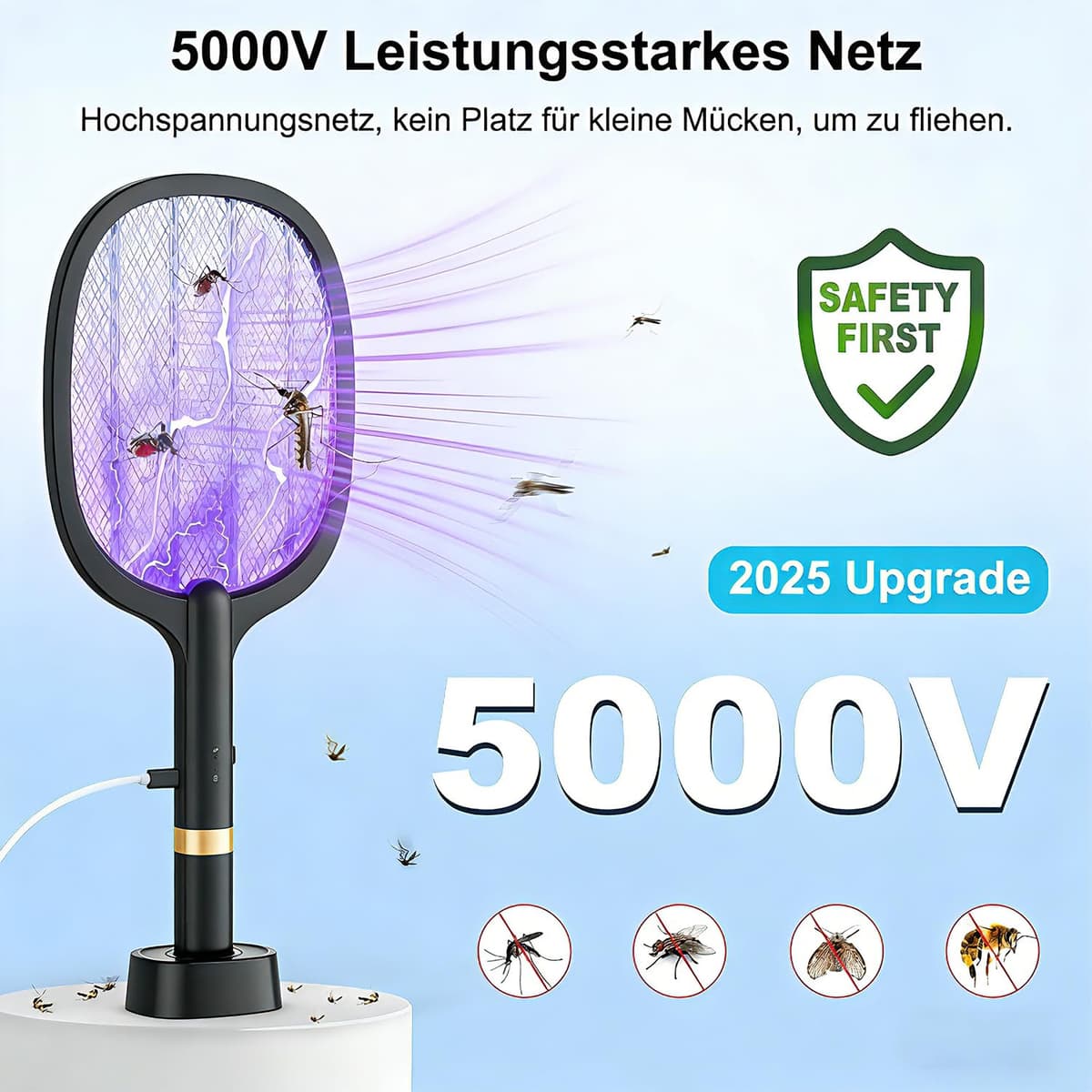 Raqueta Mosquitos Electrica 2 en 1 5000V Mata Mosquitos Electrico USB Recargable 1800mAh pour Intérieur et Extérieur Negro — view 2