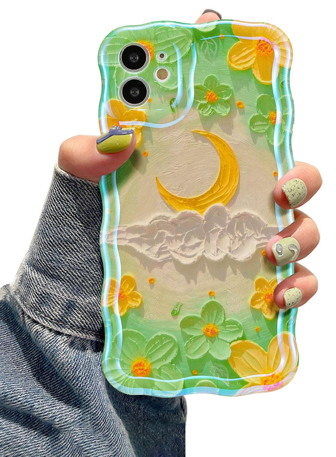EYZUTAK Case for iPhone 17 Pro, Colorful Retro Oil Painting Printed Flower Laser Glossy Pattern Cute Curly Wave Edge Exquisite Phone Cover Stylish Durable TPU Protective Case for Girl Women-Green — view 76