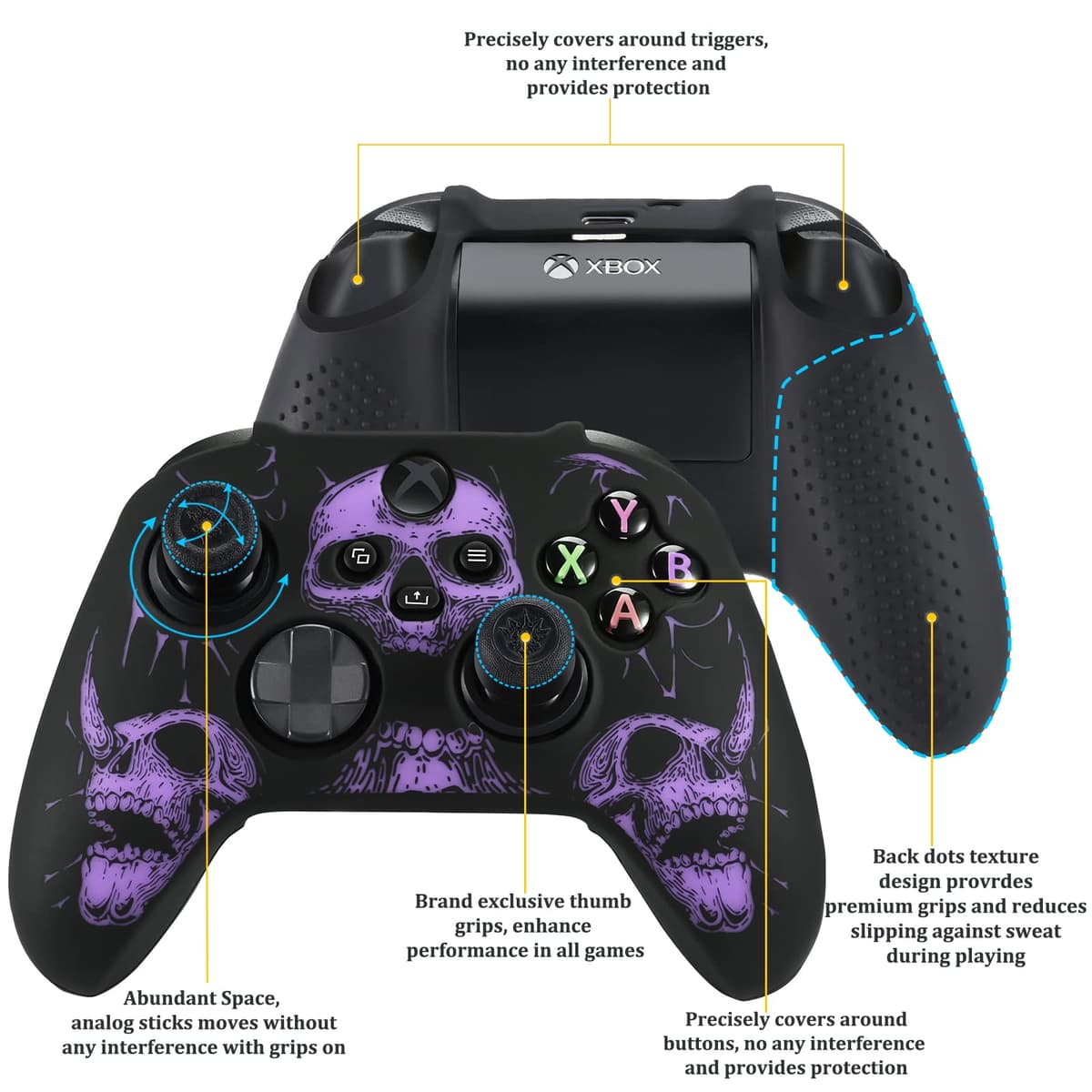 YoRHa Laser Carving Silicone Skin for Xbox Series X/S Controller x 1(Purpe) with Pro Thumb Grips x 8 — view 3
