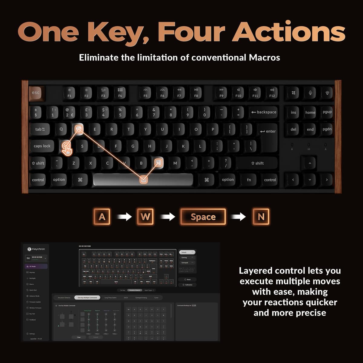 Keychron K8 HE Mechanical Keyboard TKL Wireless Bluetooth 2.4G Wired Triple Mode, Hot Swappable Hall Effect with QMK VIA Aluminum+Wood Frame Rapid Trigger for Mac Windows Linux - Black UK Layout — view 6