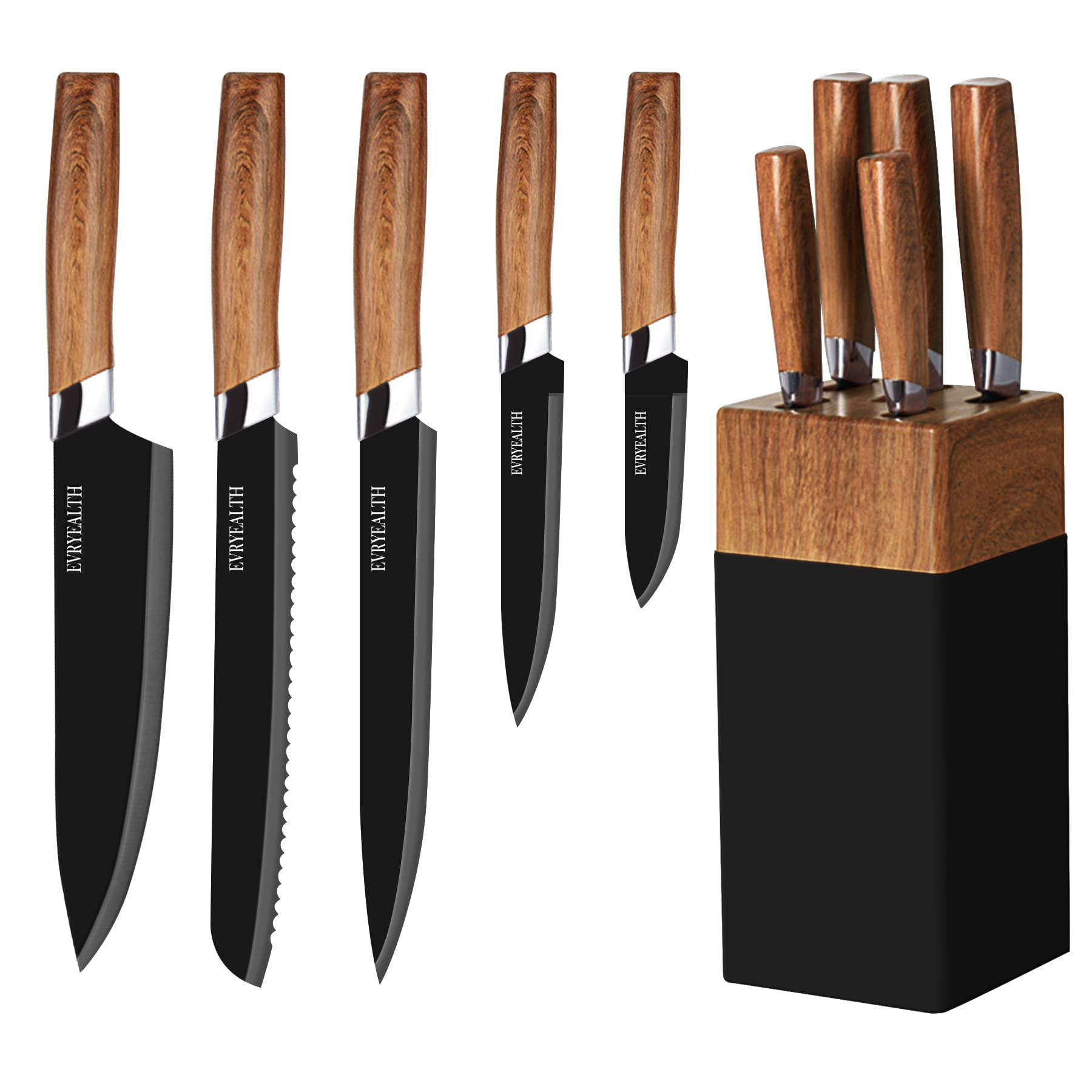 Kitchen Knife Set - 5 Piece Knife Set with Block, Wood Grain Handle, Stainless Steel Knivese with Chef, Bread, Slicer, Paring Knife for Cutting Meat/Vegetables/Fruit. — view 2