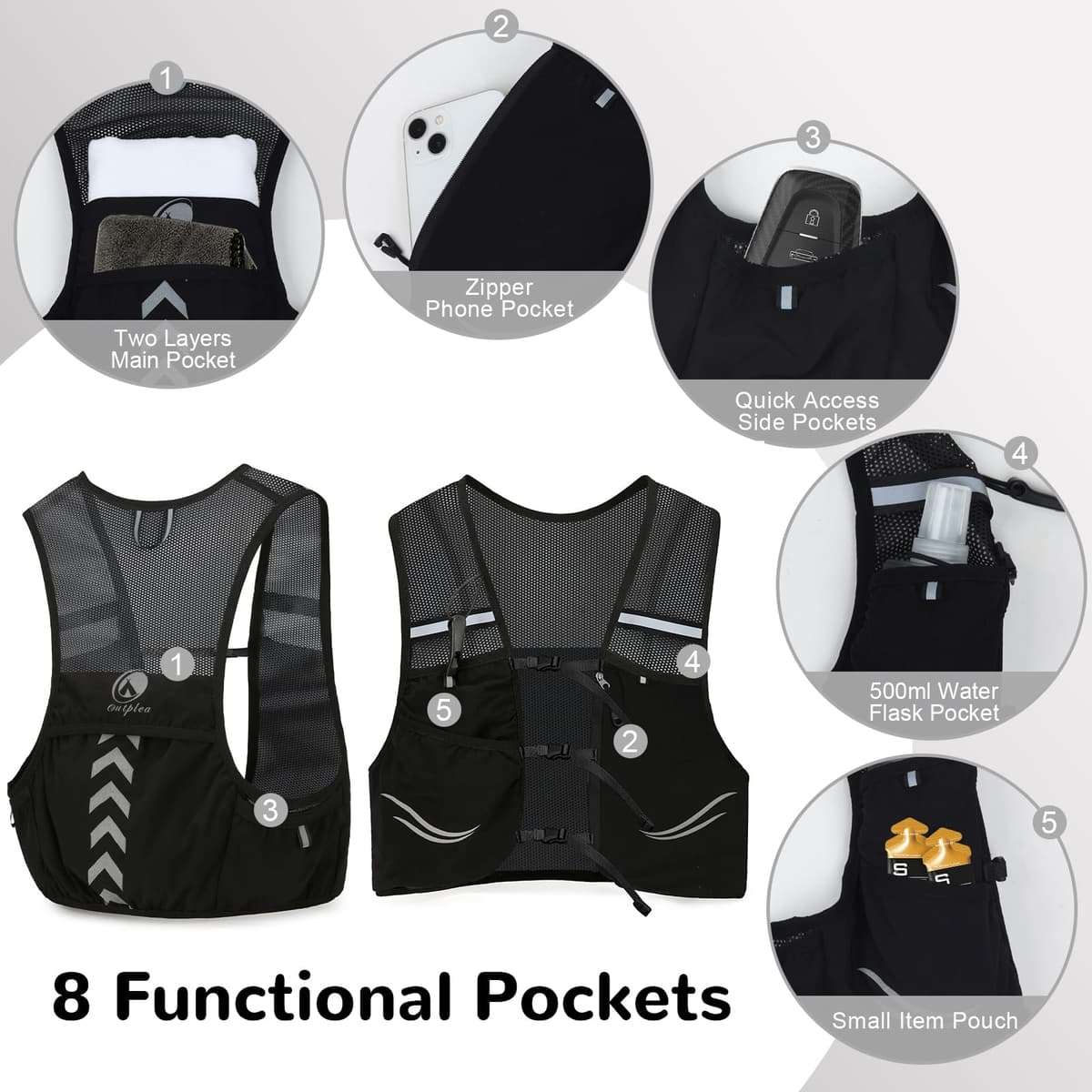 Chaleco para correr con 2 botellas de agua de 500 ml, mochila ligera para correr para hombre y mujer, chaleco de hidratación para correr, maratón, accesorios, M/L — view 4