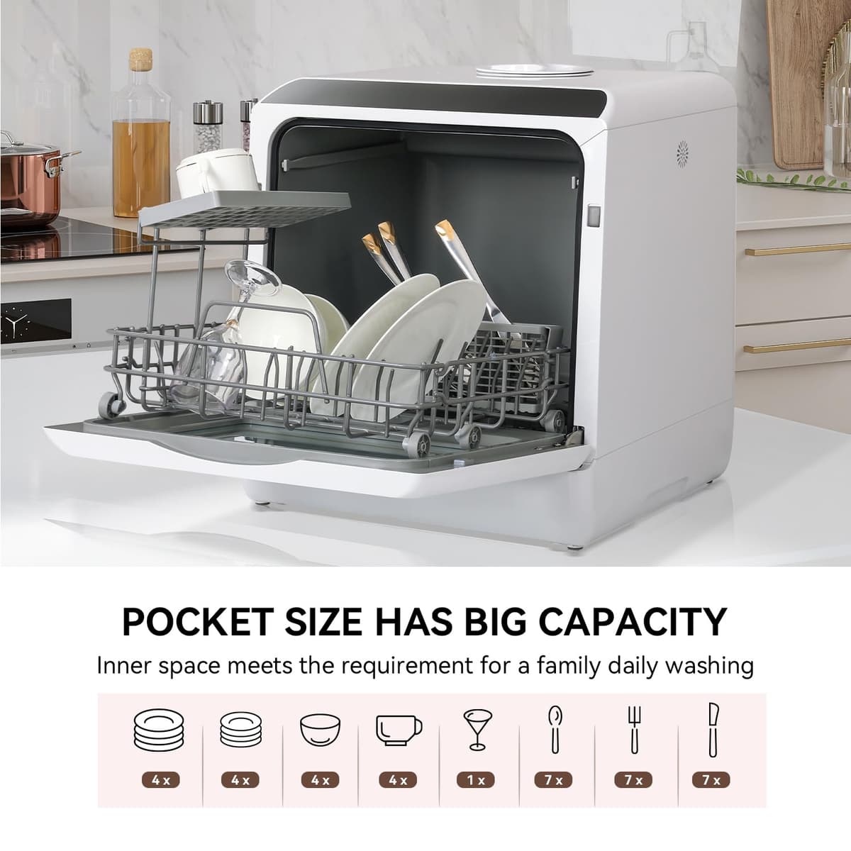 eklipt Table Top Dishwasher, Mini Countertop Dishwasher with 6 Programs, Built-in 5L Water Tank Dual Water Supply Modes with Touch Control, LED Display, Drying Cycle & Fruit Wash — view 4