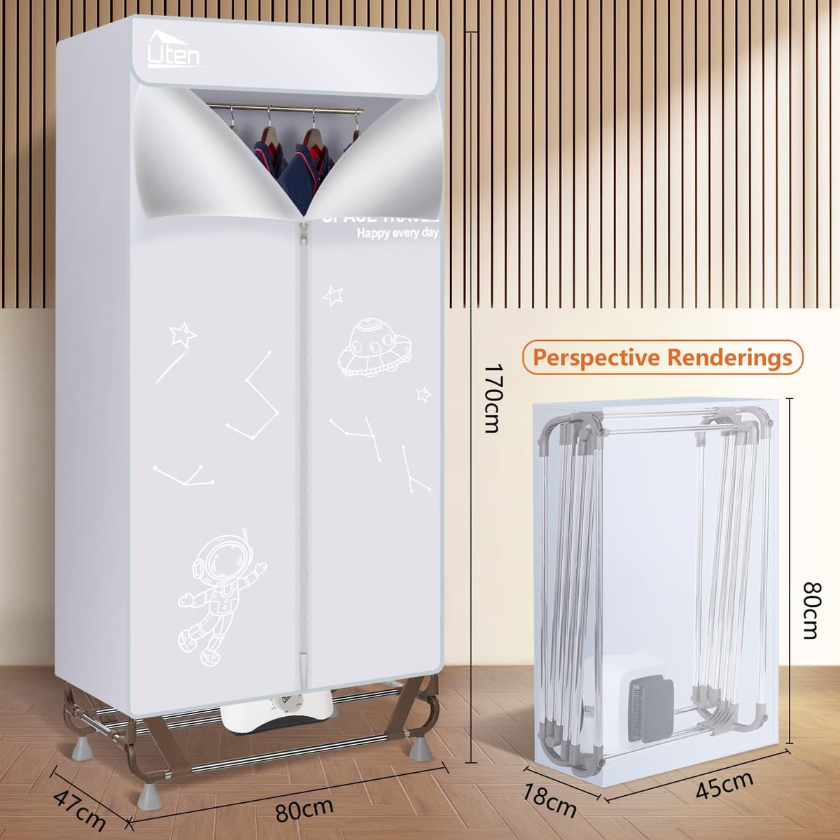 Uten Secadora de Ropa Eléctrica Portátil 1.7m, 1500W Secadora Plegable, Instalación y Almacenamiento Rápido, Capacidad de 15kg, Temporizador de 180 Min y Función de Calefacción PTC, Reducción de Ruido — view 2
