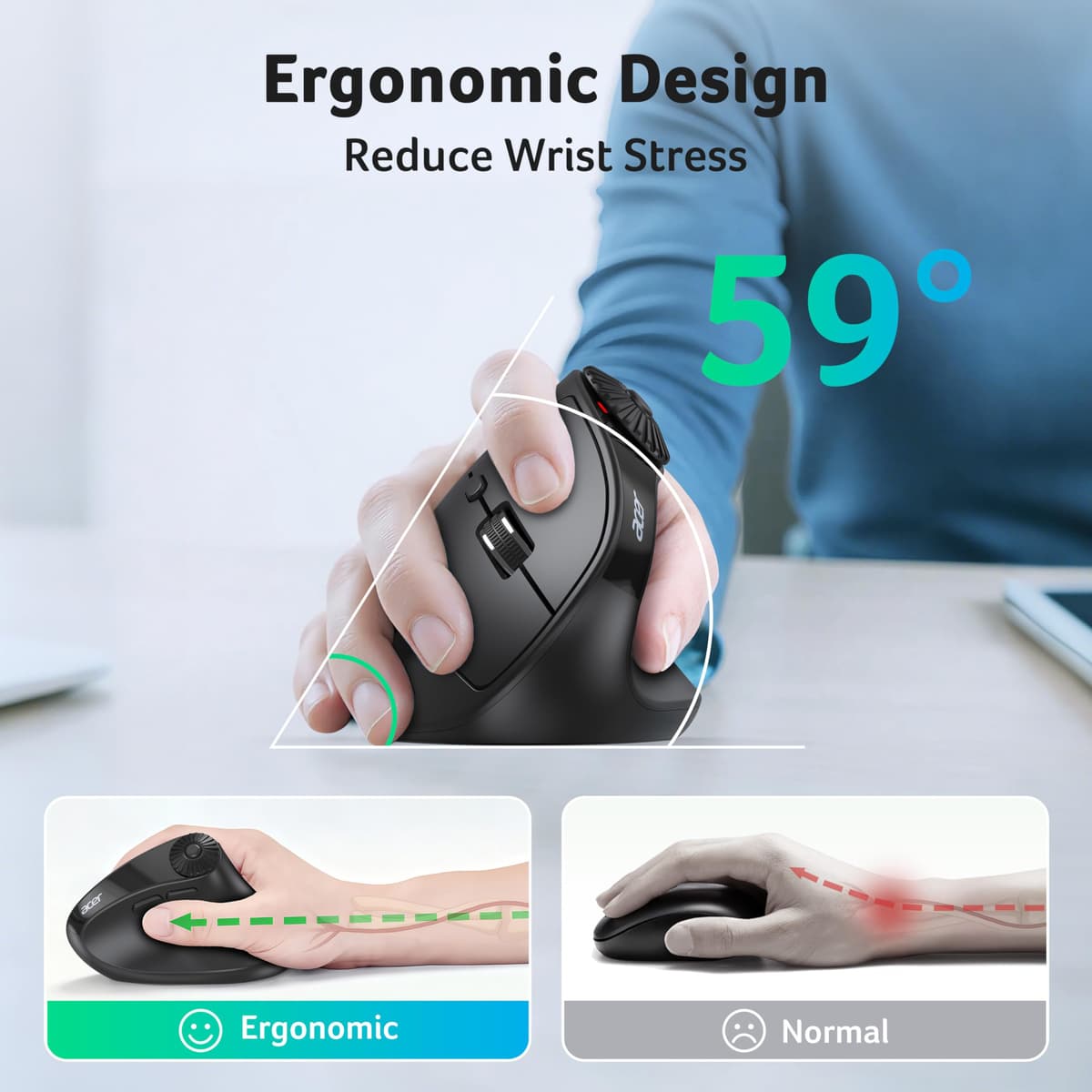 acer Ergonomic Mouse Wireless with Side Scroll Wheel, Bluetooth Mouse for Laptop(BT5.2+2.4GHz), Office Vertical Computer Mice, Small to Medium Sized Hands Ergo Mice, 8 Buttons for PC and Desktop — view 3