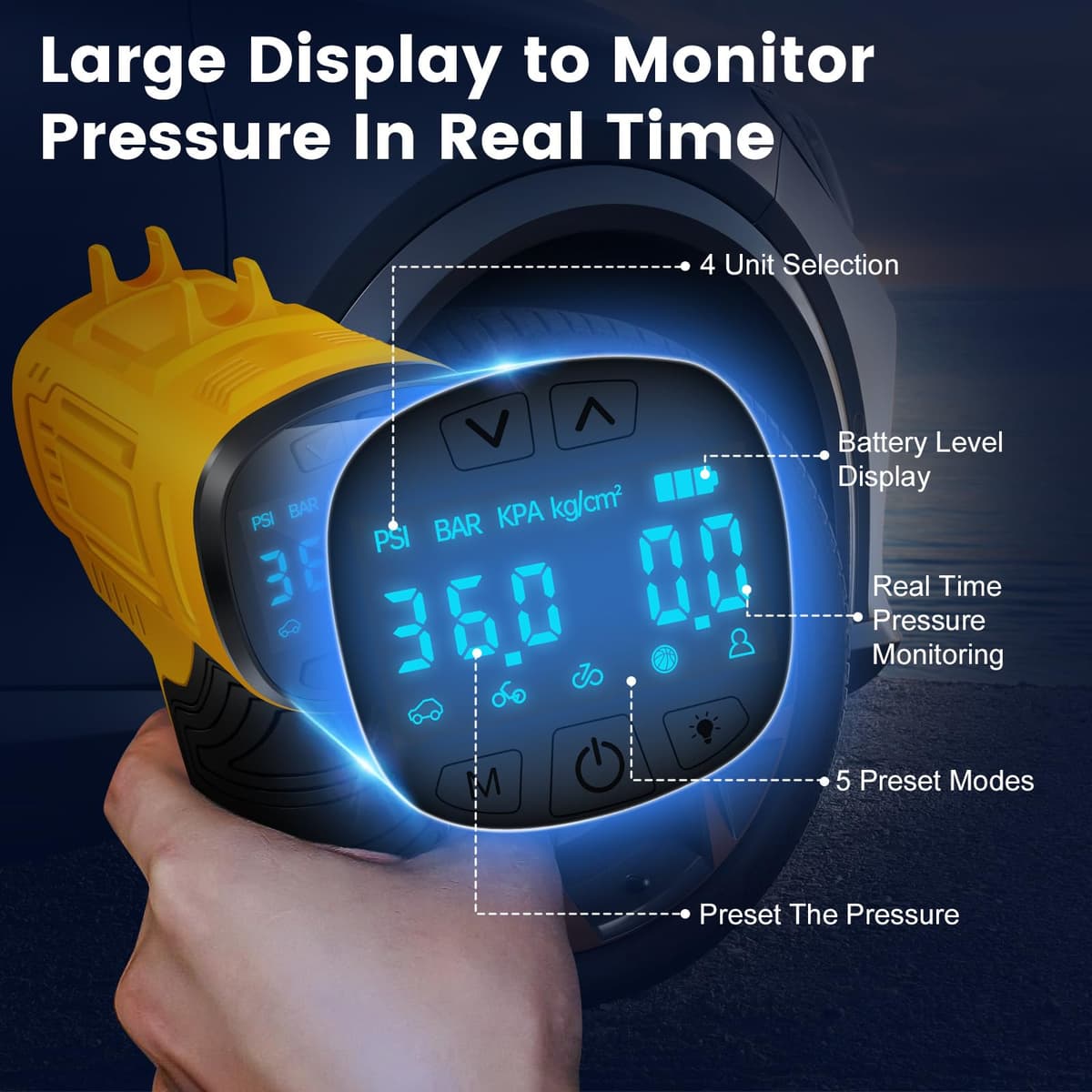 Cordless Tyre Inflator Air Compressor, 25L/min Hand Held Digital Tyre Pump with Pressure Gauge, Rechargeable Battery, Portable Car Accessories with LED Light Electric Pump for Car/Bike/Motorcycle/Ball — view 4