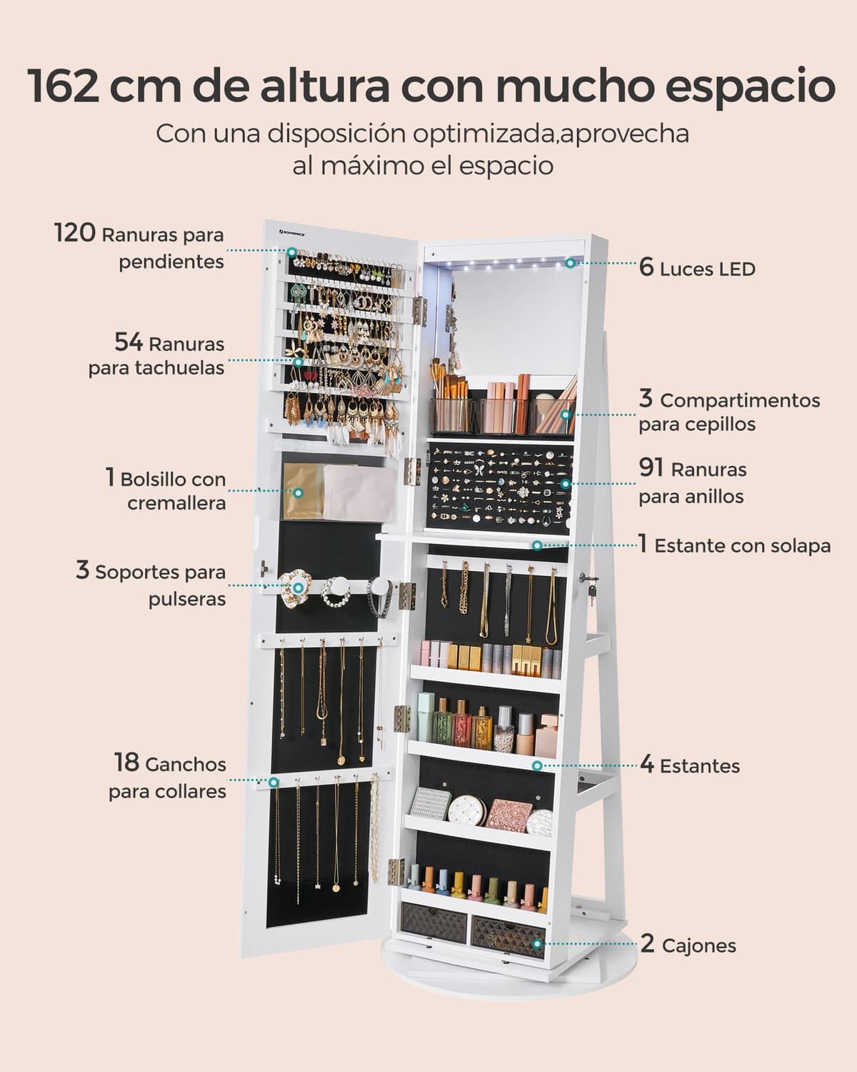 SONGMICS Espejo Joyero con 6 LEDs, Armario de Joyas de Giro de 360°, Organizador de Joyas Giratorio, sin Marco, Espejo Completo con Almacenaje,dia de la madre,Superficie Blanco y Forro Negro JJC007W01 — view 6