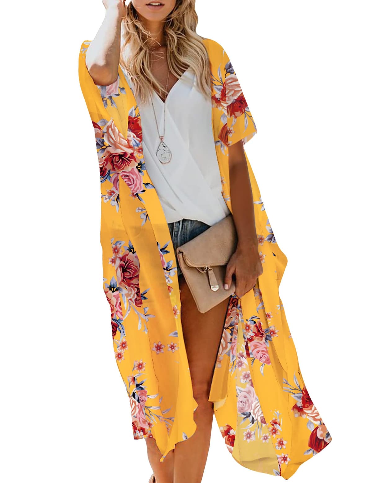 MayBuy Women's Summer Long Flowy Kimono Cardigans Boho Chiffon Floral Beach Cover Up Tops — view 38