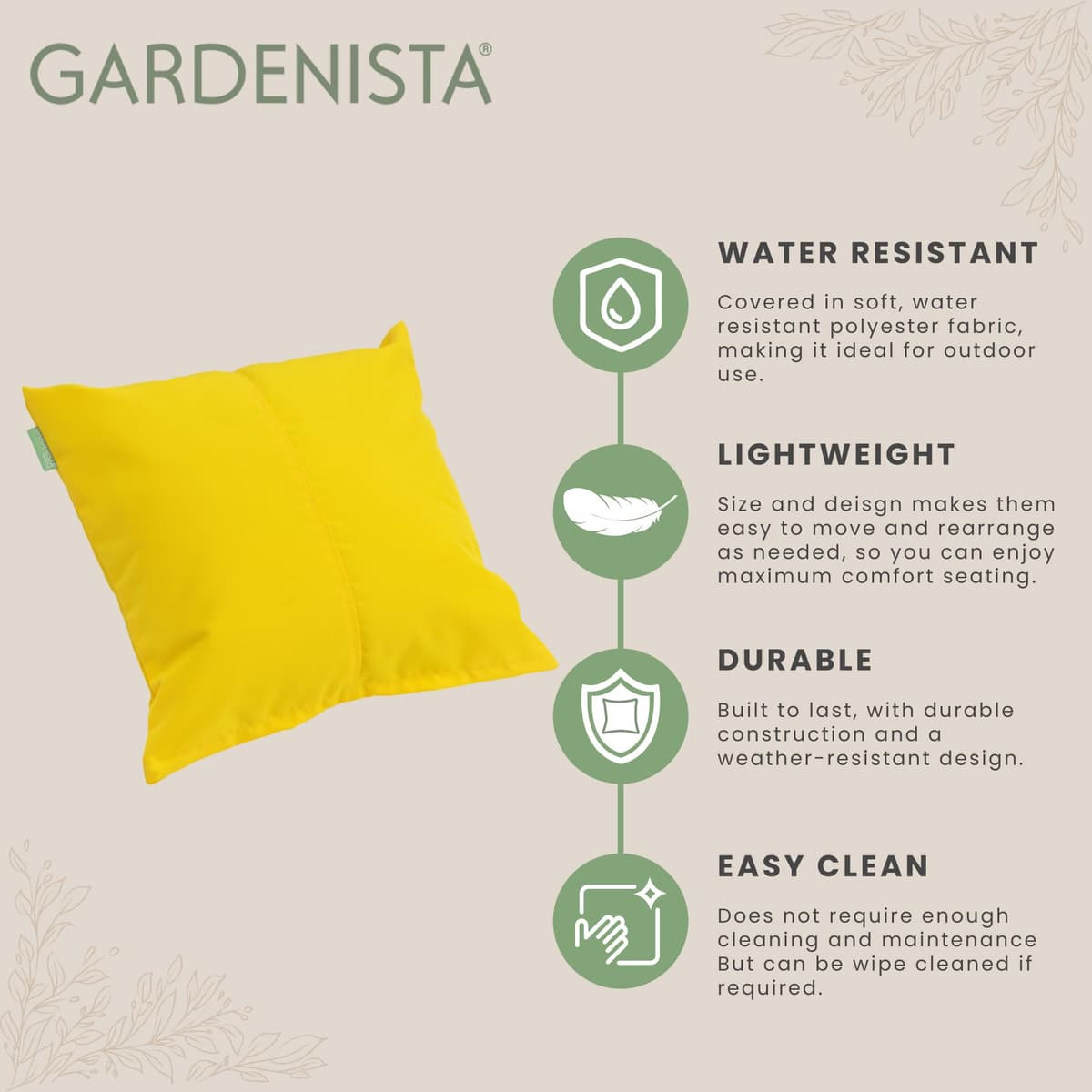 Gardenista Large Garden Scatter Cushion | Water Resistant Hollowfibre Filled Outdoor Seating Furniture Pillow | Great for Patio Rattan Chairs | Comfy & Lightweight (1, Yellow) — view 3