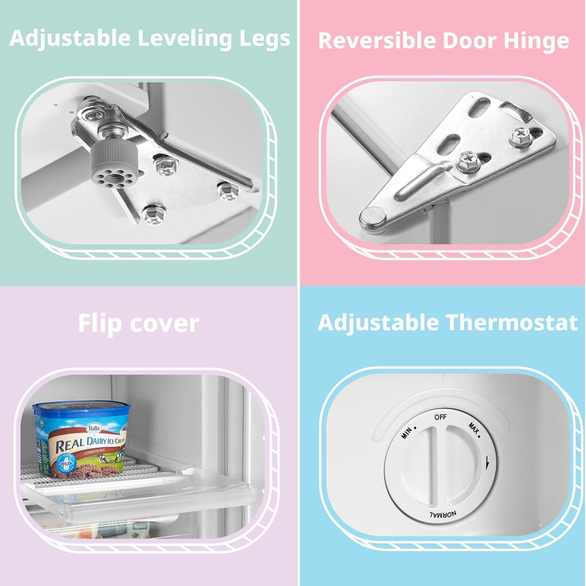 COMFEE' RCU60WH2(E) 60L Freestanding Under Counter Upright Freezer, 4-Star Freezer up to -24°C, 3 Storage Compartmen, Adjustable Thermostat, Reversible Door, White — view 7
