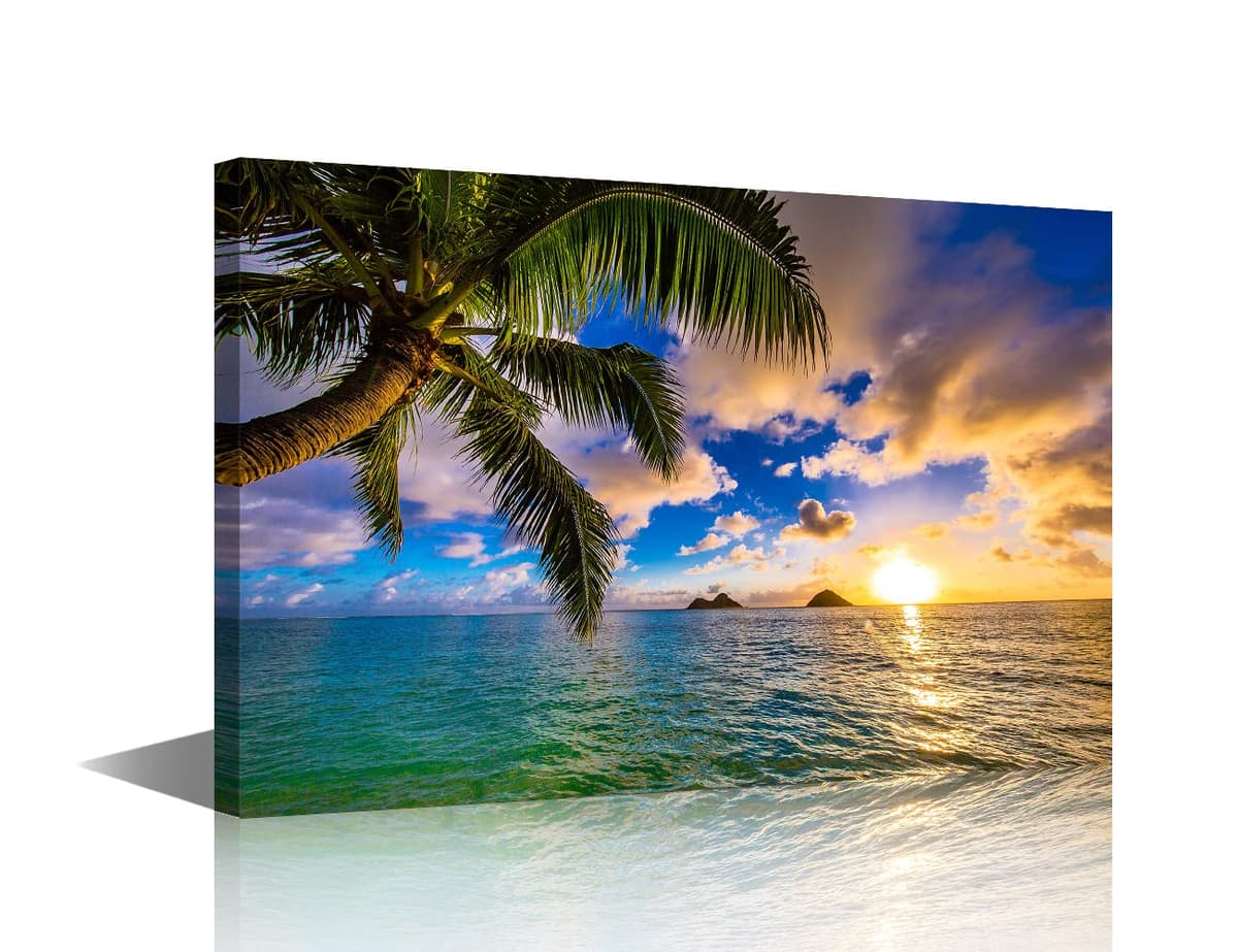 TISHIRON Wall Art Sandy Beach Sunrise Pictures Painting on Canvas Wall Art Modern Framed Seaside Canvas Prints Ready To Hang(24X16in) — view 24
