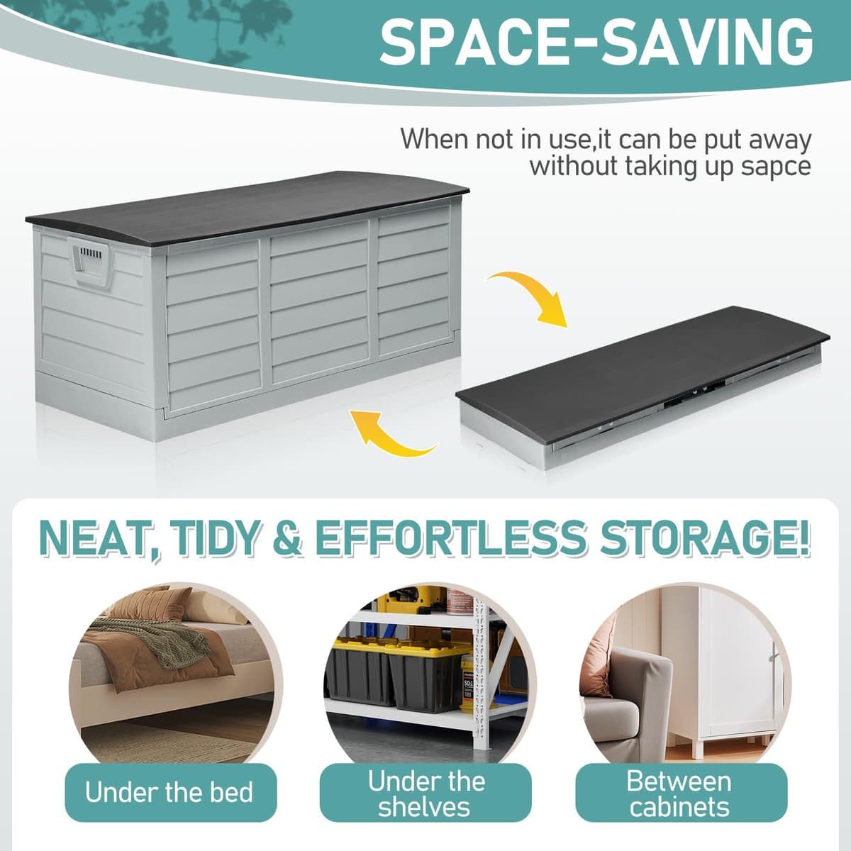 Foldable Garden Storage Box, 280L Outdoor Plastic Utility Chest Organiser with Strapped Lid, Weather Resistant, Portable, Ideal for Garden, Patio, Balcony, Decking, Grey&Black — view 3