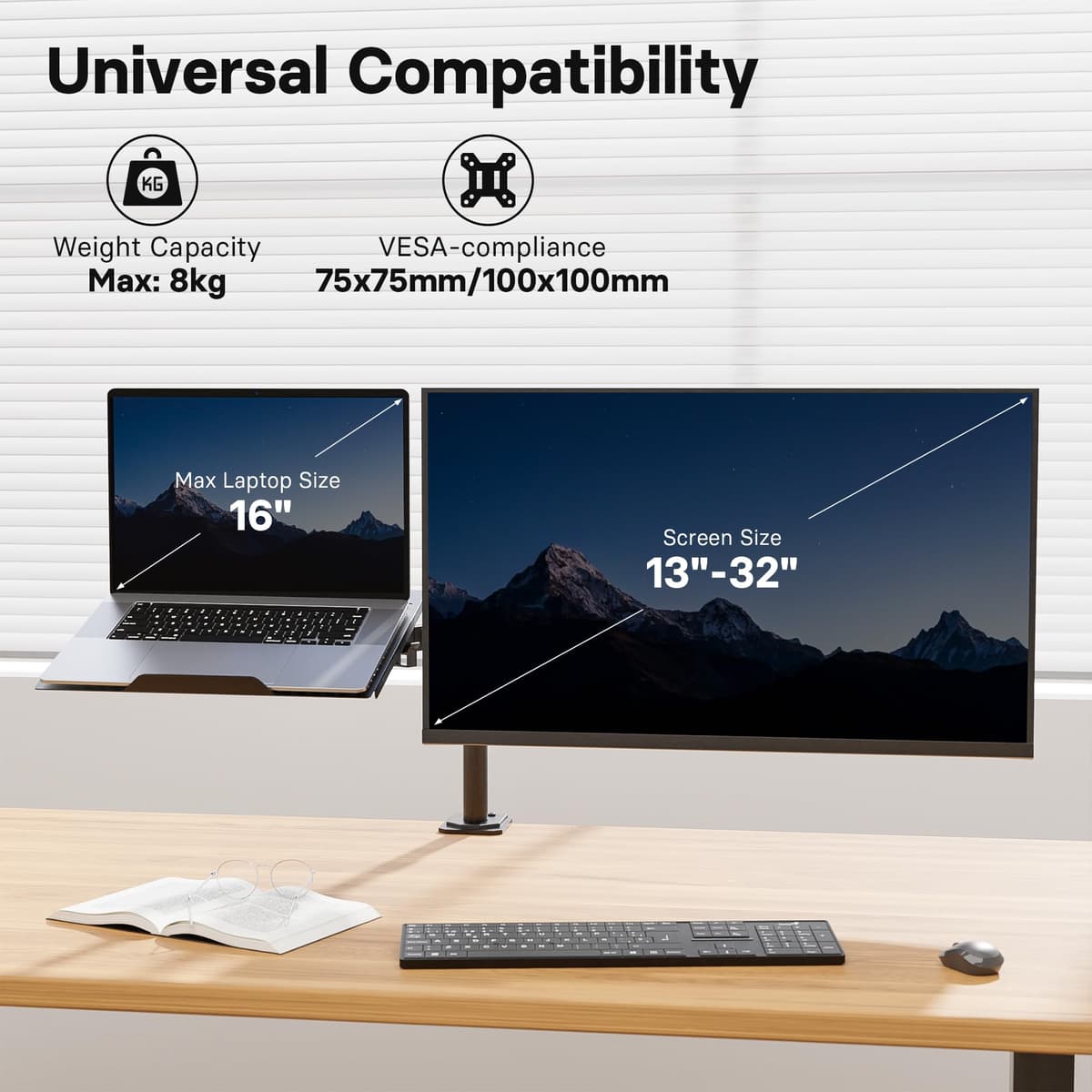 REDBAT Brazo para Monitor de 13 a 32 Pulgadas Pantalla LED LCD, con Bandeja para Portátil hasta 16 Pulgadas, Soporte con VESA de 75/100 mm, 2 Opciones de Montaje — view 3