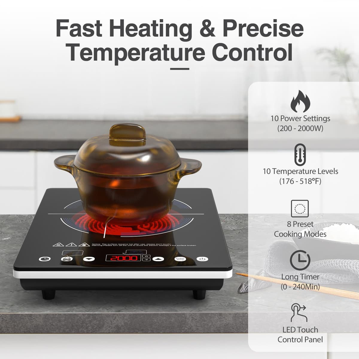 VBGK Portable Ceramic Hob 2000W, Pulg in Electric Ceramic Hob, Single Electric Hob with 4-Hour Timer, 10 Power Levels, Safety Lock & Sensor Touch, Residual heat Remind, 220V-240V — view 5
