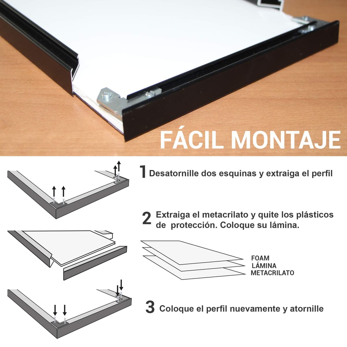 Marco a Medida para Fotos, póster, Puzzles, láminas, Diplomas y orlas. Cuadro Modelo 412-4 en Aluminio Negro Mate, con Cristal metacrilato 1.5 mm y Trasera Antihumedad 70x100 cm — view 3