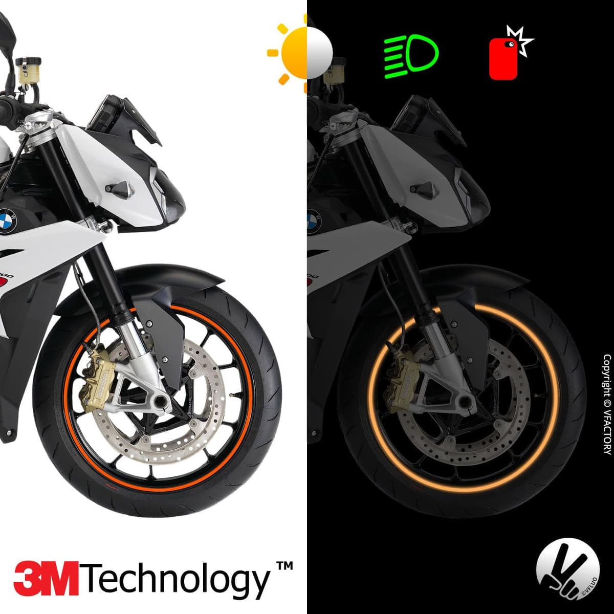 VFLUO - Kit pegatinas llantas de moto reflectantes, autoadhesivas para 1 rueda, 3M Technology™ - Gran visibilidad lateral - Discreto y diseño - Fácil colocación — view 2