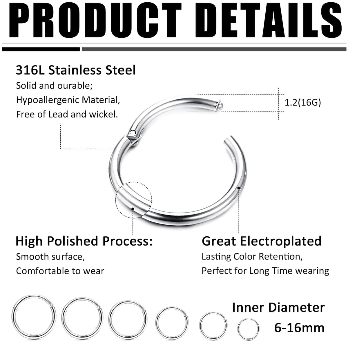 YADOCA 12 Pcs Acero Quirúrgico Piercings Nariz Septum Piercing 16G Segmento Anillo Cuerpo Piercing Nariz Aro Labio Anillos Cartílago Concha Helix Pendientes para Mujeres Hombres 6-16mm — view 7