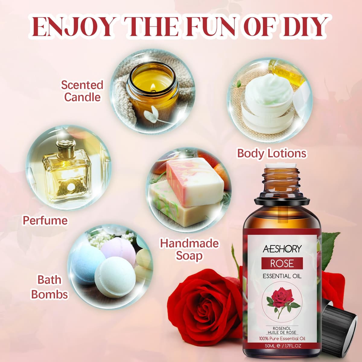 AESHORY Aceite Esencial de Rosa 50ML, Natural Aceite de Aromaterapia de Rosa, Aceites de Fragancia Premium para Humidificador, Masaje, Baño, Cuidado la Piel, Relajación y Calma — view 7