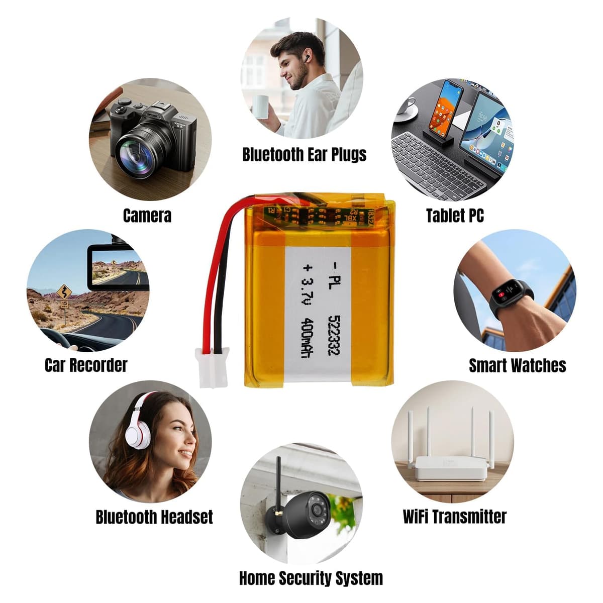 3.7V Lipo battery, 3.7V 400mAh 522332 Lithium Polymer Ion with 2P-PH connection with 2.0 mm pitch — view 5