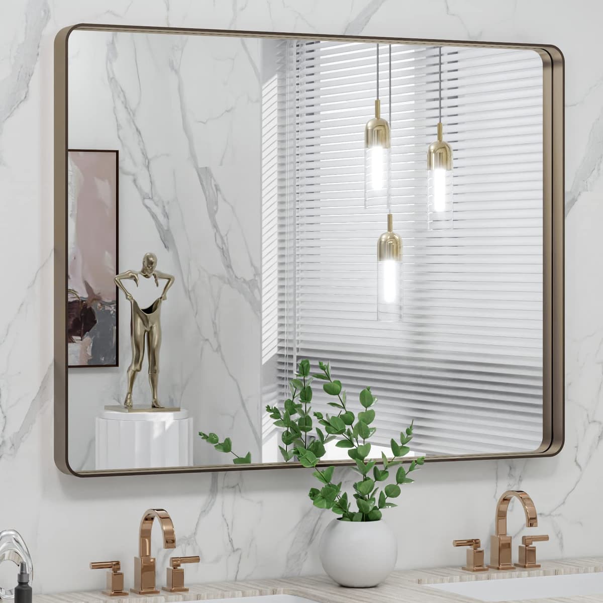 LOAAO 48”X36” Gold Bathroom Mirror, Rounded Rectangle Gold Frame Mirror, Brushed Gold Bathroom Vanity Mirror Wall-Mounted, Anti-Rust, Tempered Glass, Hangs Horizontally or Vertically — view 21