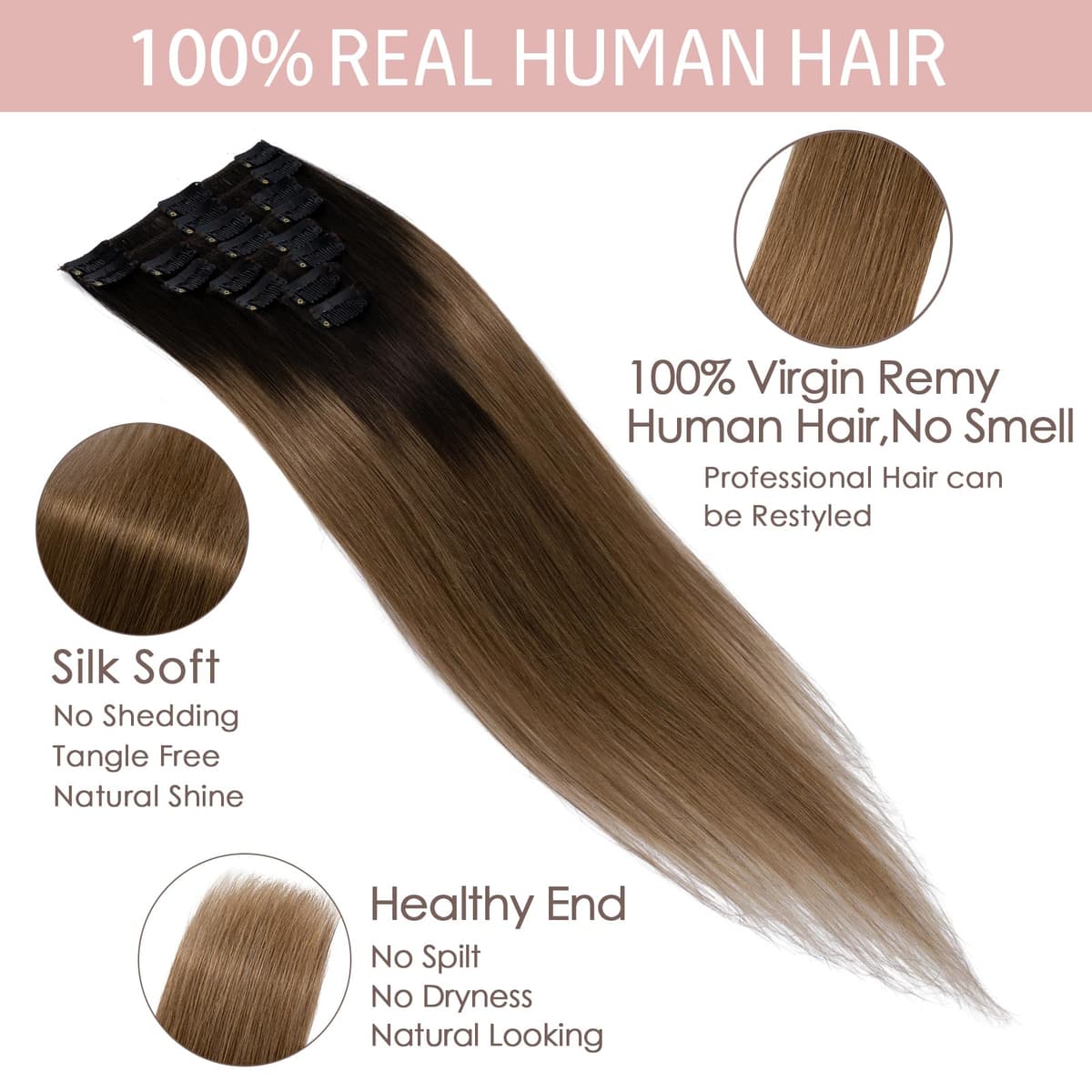 Silk-co 10inch Hair Extensions Clip in Hair Extension Human Hair #04 Medium Brown -Basic Thickness-Thin Weft- 8 Pieces Real Remy Straight Hair Extensions[50g] — view 47