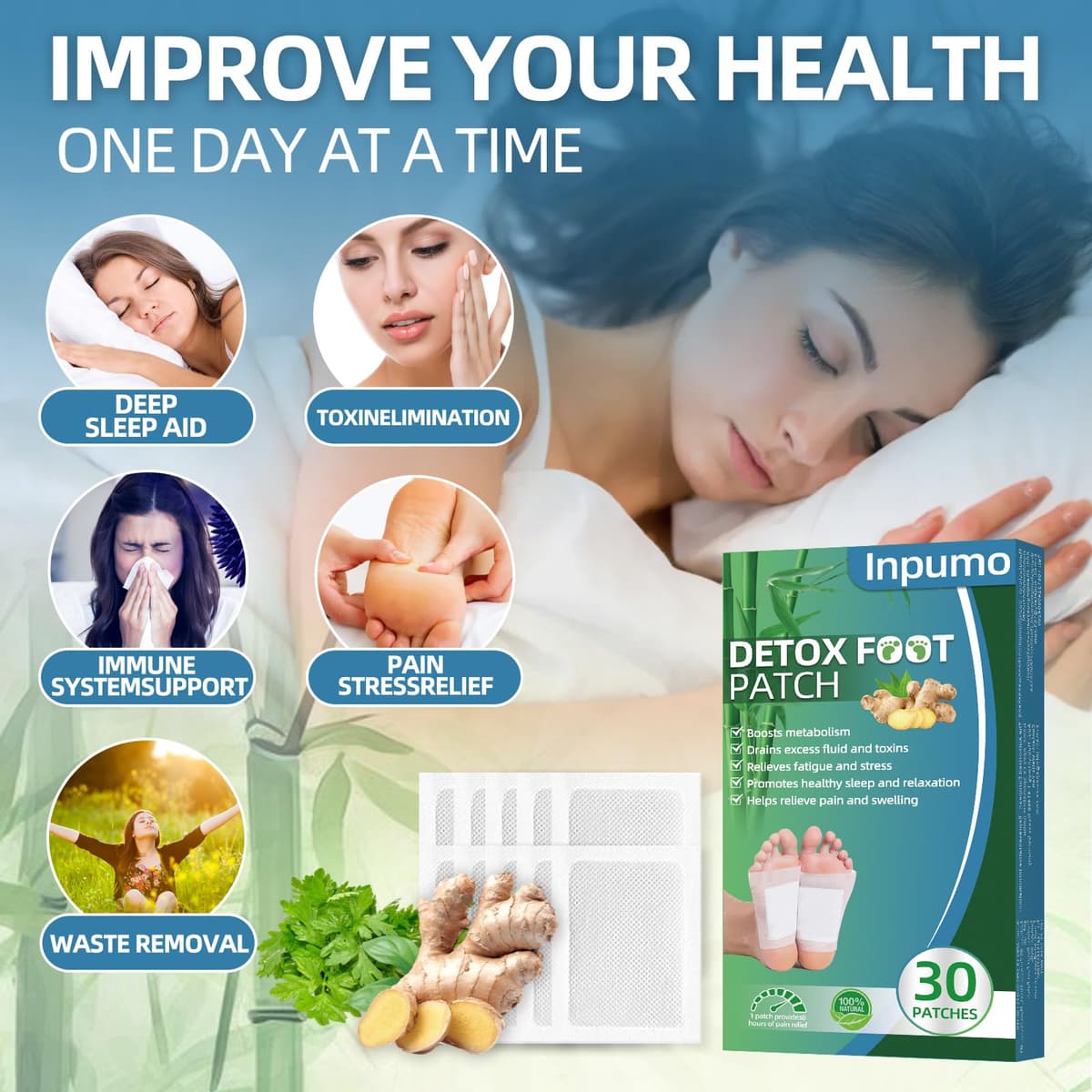 Inpumo Parches de desintoxicación para pies, almohadillas orgánicas naturales para eliminar toxinas, aliviar el estrés corporal, eliminar toxinas, limpieza profunda, mejorar la calidad del sueño — view 5