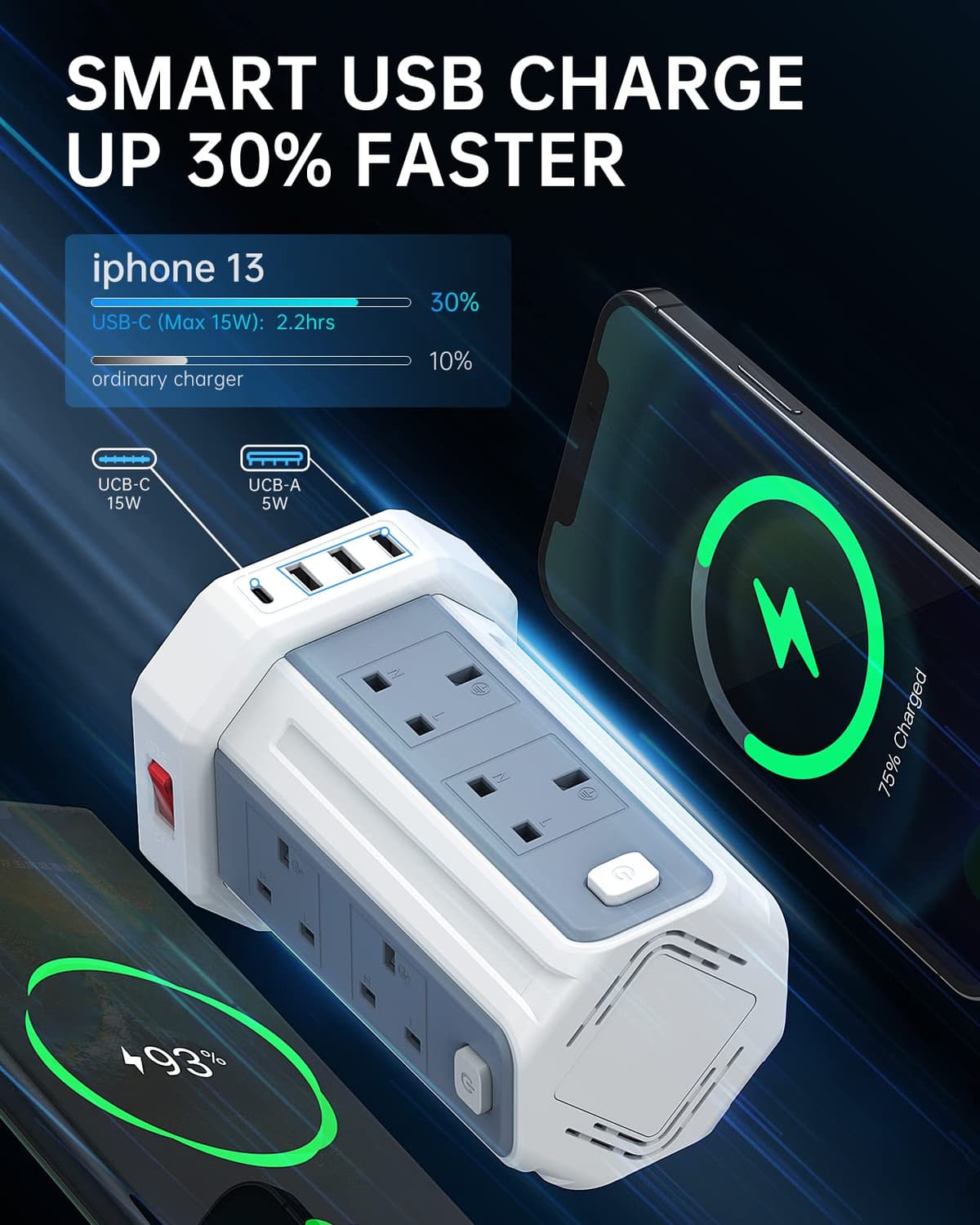 Tower Extension Lead 3M (3250W 13A) Extension Tower 8 AC Outlets & 4 USB Ports, Surge Protection Extension Lead with 4 Independent Switch, 17W USB C Ports Extension Cable 3M for Office, Home, Kitchen — view 2